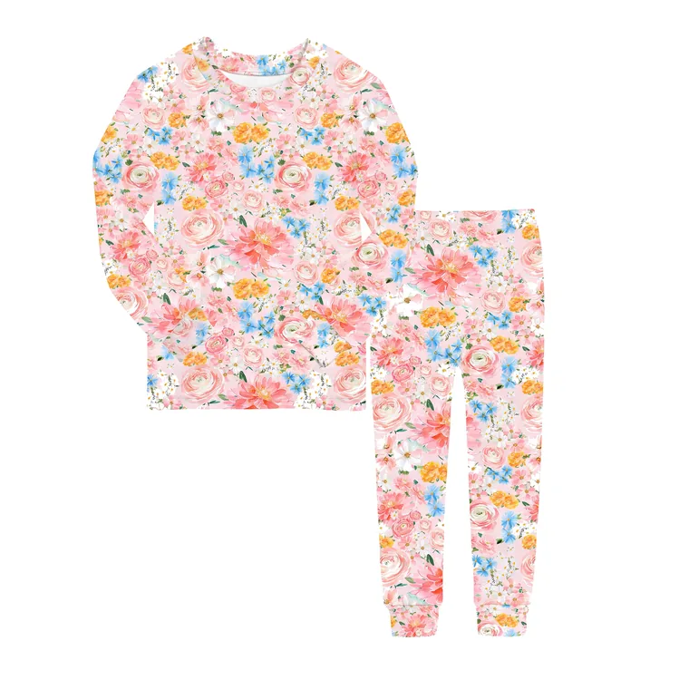 Blush Garden bamboo long sleeve pajama set — flat lay