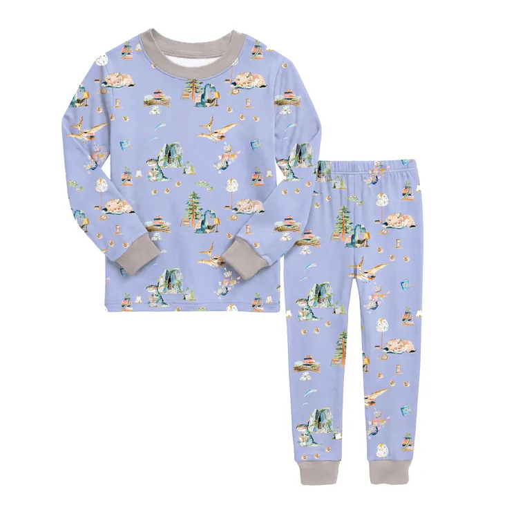 Dino Tales bamboo long sleeve pajama set — flat lay