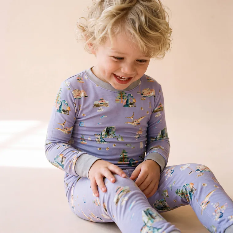Dino Tales bamboo long sleeve pajama set — model