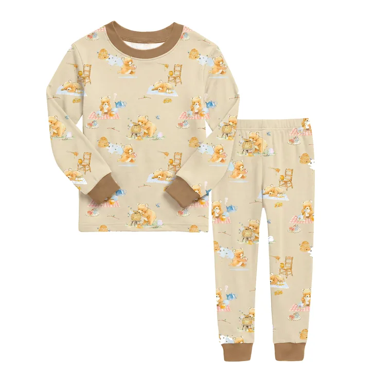 Honey Bear bamboo long sleeve pajama set — flat lay