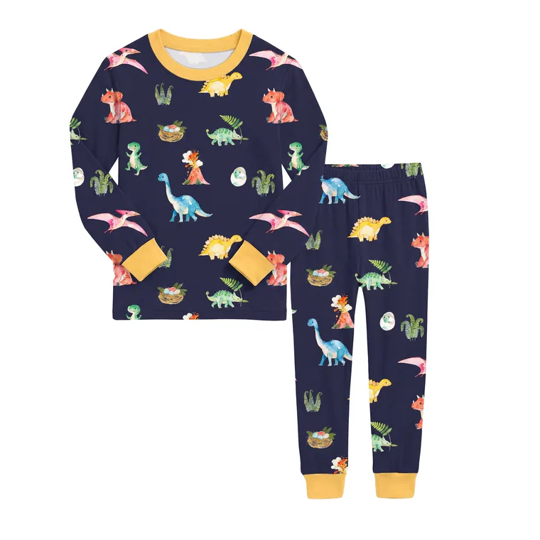 Midnight Dino bamboo long sleeve pajama set — flat lay