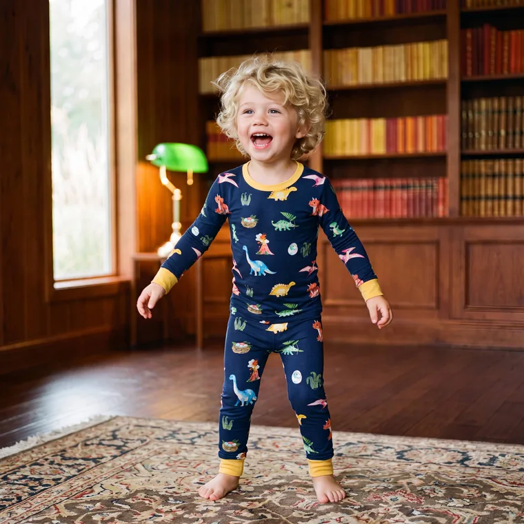 Midnight Dino bamboo long sleeve pajama set — in wear