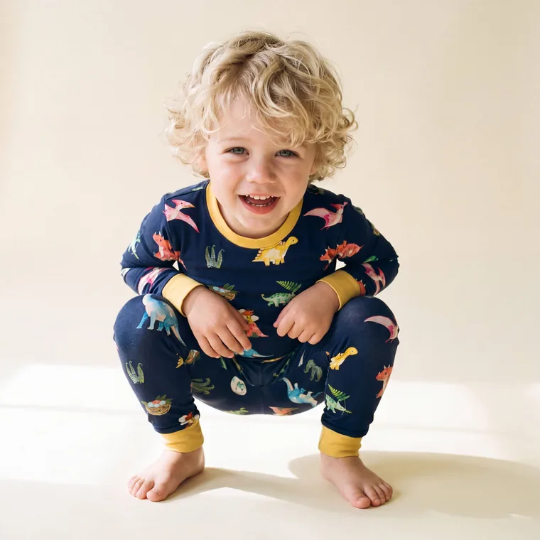 Midnight Dino bamboo long sleeve pajama set — model