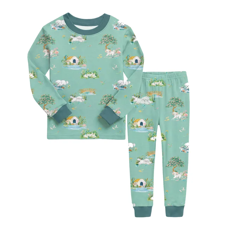 Puppy Lake bamboo long sleeve pajama set — flat lay