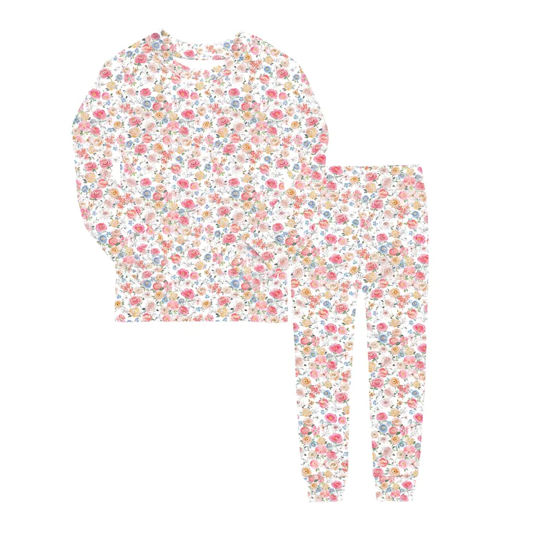 Rosy Posy bamboo long sleeve pajama set — flat lay