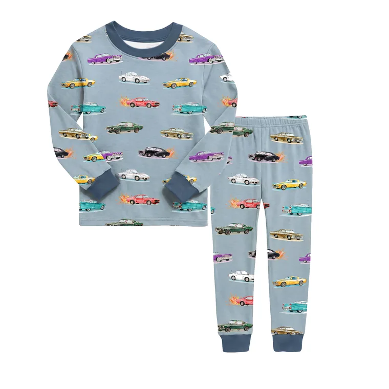 Vintage Cars bamboo long sleeve pajama set — flat lay